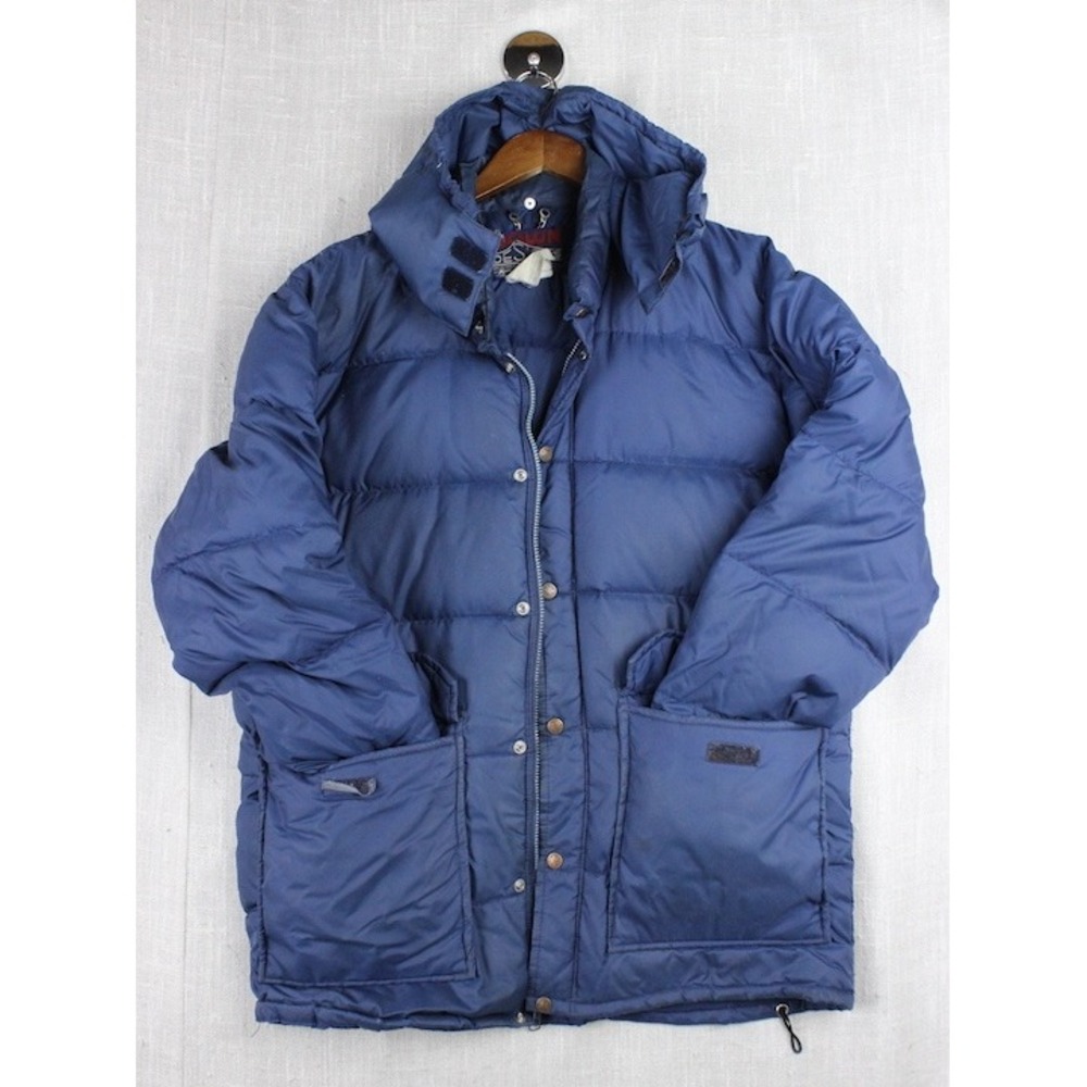 Vintage Duck Down Blue Puffer Jacket Long Detachable Hood Down Designs Kmart L